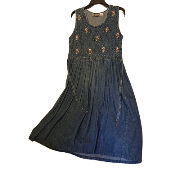 Vtg STYLE Denim Dress Sz L Sleeveless Floral Embroidered Flared Waist Tie 79552 - Picture 1 of 12